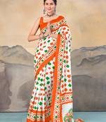 Orange printed cotton saree with blouse piece