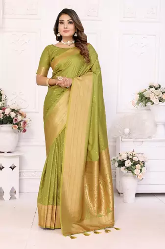 Parrot-Green Soft Silk Smooth Flowy Utter Light Weight Saree