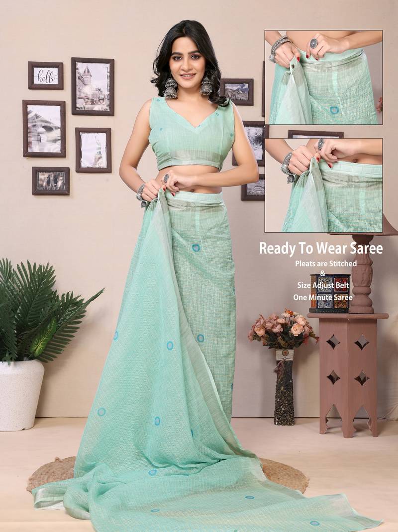 Ready To Wear Light Green Cotton Saree And Digital printed Border And Pallu With Blouse