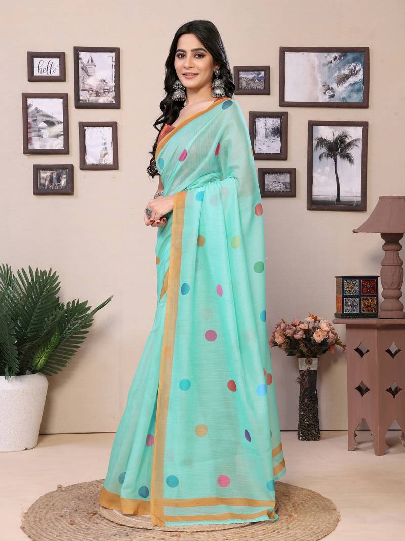 Ready To Wear Rama Cotton Saree And Digital printed Border And Pallu With Blouse