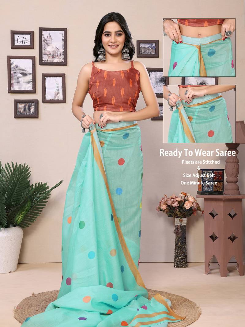 Ready To Wear Rama Cotton Saree And Digital printed Border And Pallu With Blouse