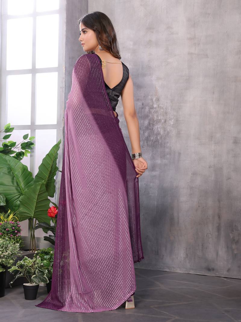 Ready To Wear Purple Silk Blend Saree With Zari Weaving Saree With Blouse