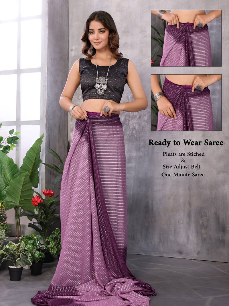 Ready To Wear Purple Silk Blend Saree With Zari Weaving Saree With Blouse