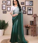 Ready To Wear Teal Fancy Satin Silk Blend Saree With Contrast Blouse