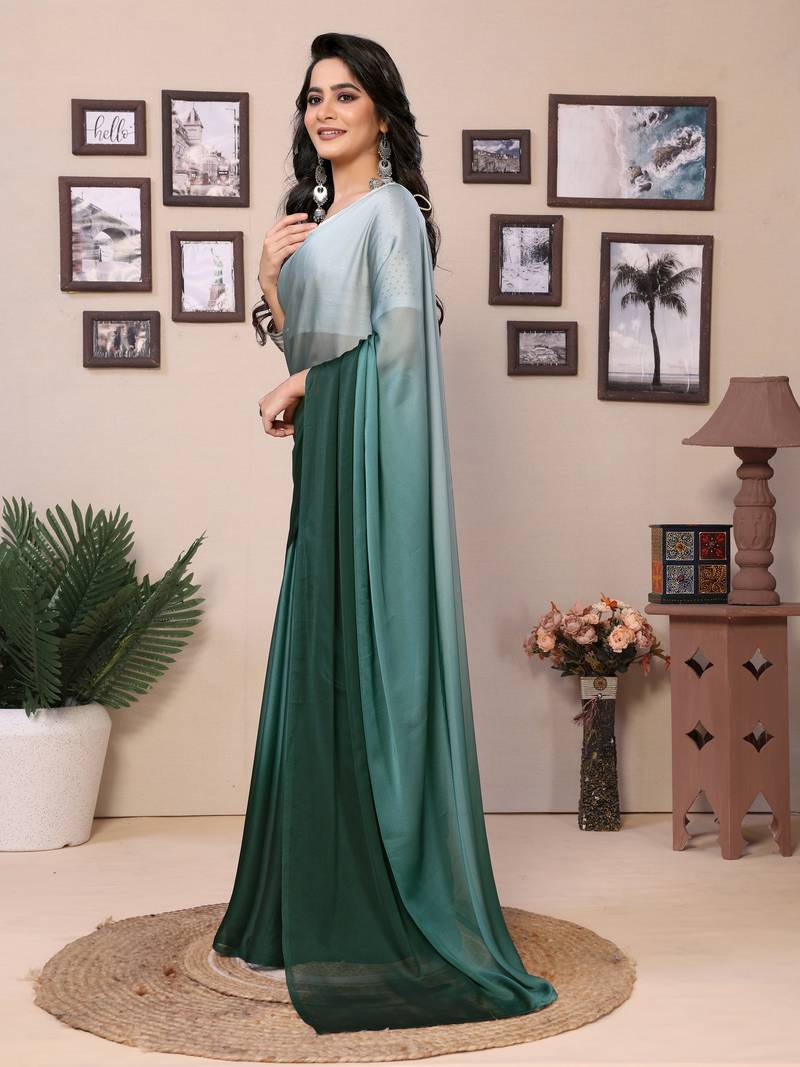 Ready To Wear Teal Fancy Satin Silk Blend Saree With Contrast Blouse