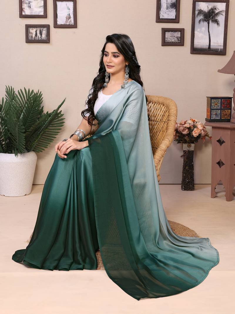Ready To Wear Teal Fancy Satin Silk Blend Saree With Contrast Blouse