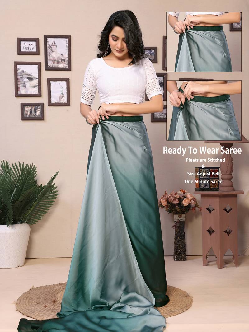 Ready To Wear Teal Fancy Satin Silk Blend Saree With Contrast Blouse