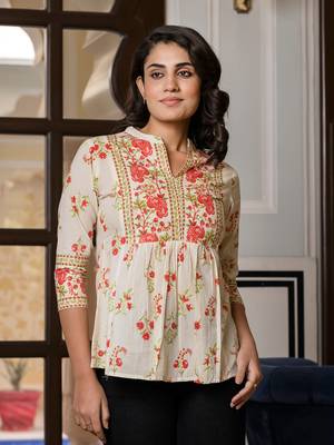 women orange and off white floral print top 1