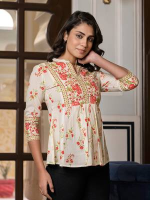 women orange and off white floral print top 2
