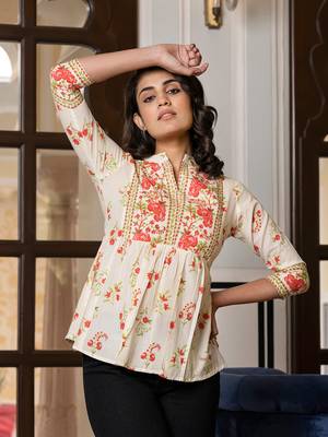 women orange and off white floral print top 5