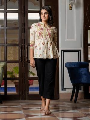 women brown and off white floral print top 1