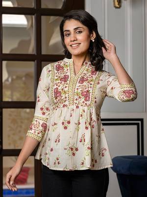 women brown and off white floral print top 5