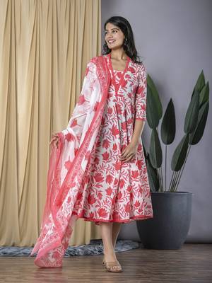floral printed v-neck regular dress with dupatta 5