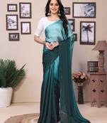 Ready To Wear Sky Blue Fancy Satin Silk Blend Saree With Contrast Blouse