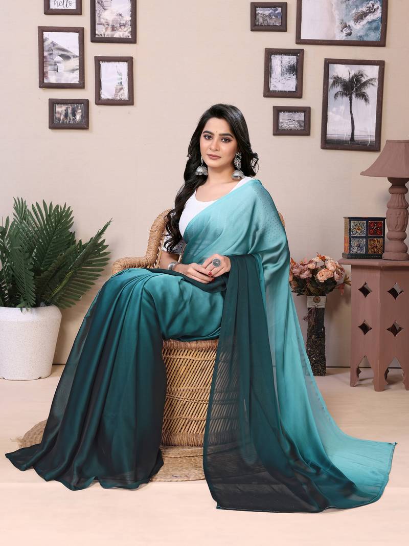 Ready To Wear Sky Blue Fancy Satin Silk Blend Saree With Contrast Blouse