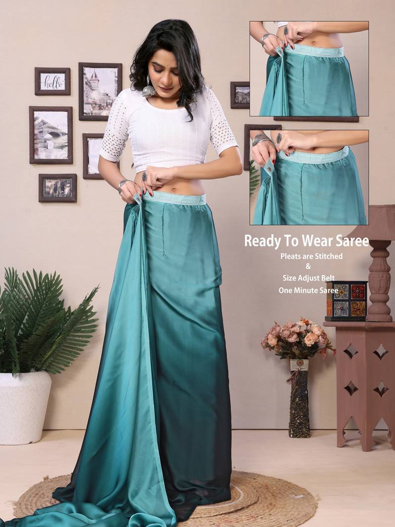 Ready To Wear Sky Blue Fancy Satin Silk Blend Saree With Contrast Blouse