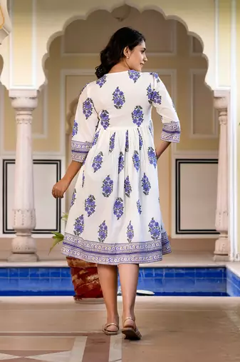 women blue and white floral print a-line dresses
