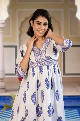 women blue and white floral print a-line dresses