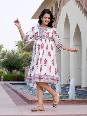 women pink and white floral print a-line dresses 2