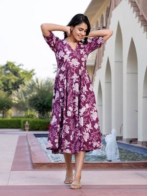 women purple floral print fit & flare dresses 1