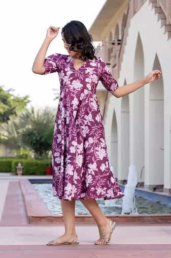 women purple floral print fit & flare dresses
