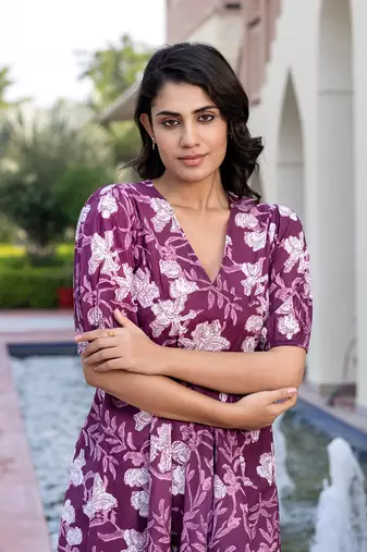 women purple floral print fit & flare dresses