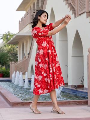 women red floral print fit & flare dresses 4