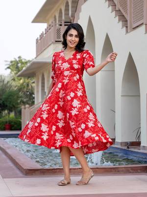 women red floral print fit & flare dresses 5