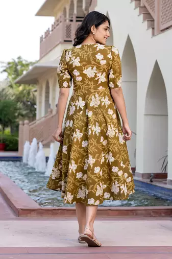 women green floral print fit & flare dresses