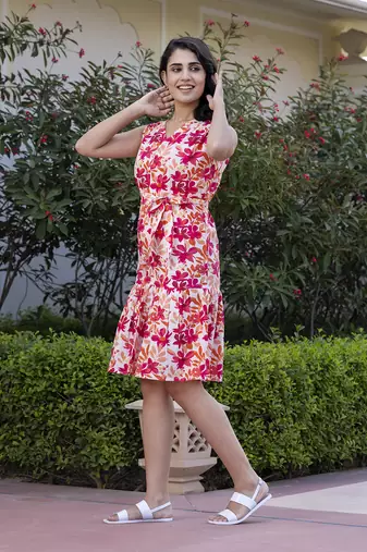 women orange floral print fit & flare dresses