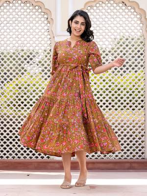 women brown floral print frock dress dresses 1