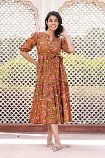 women brown floral print frock dress dresses
