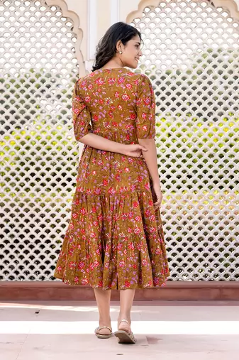 women brown floral print frock dress dresses