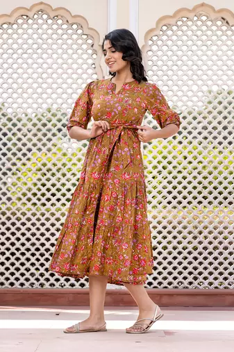 women brown floral print frock dress dresses