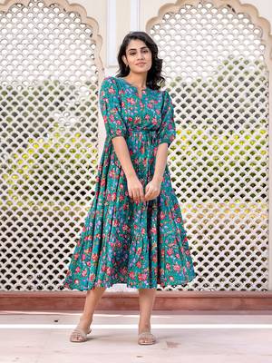 women turquoise floral print frock dress dresses 4