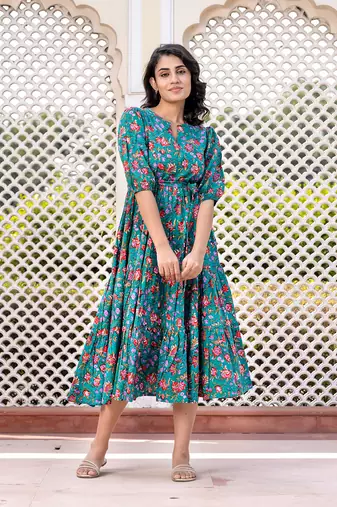 women turquoise floral print frock dress dresses