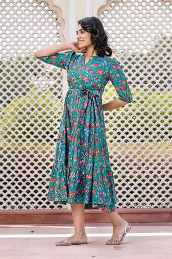 women turquoise floral print frock dress dresses