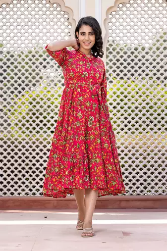 women pink floral print frock dress dresses