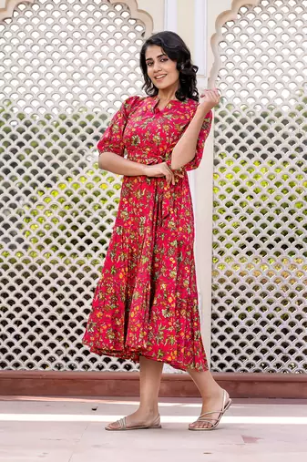 women pink floral print frock dress dresses