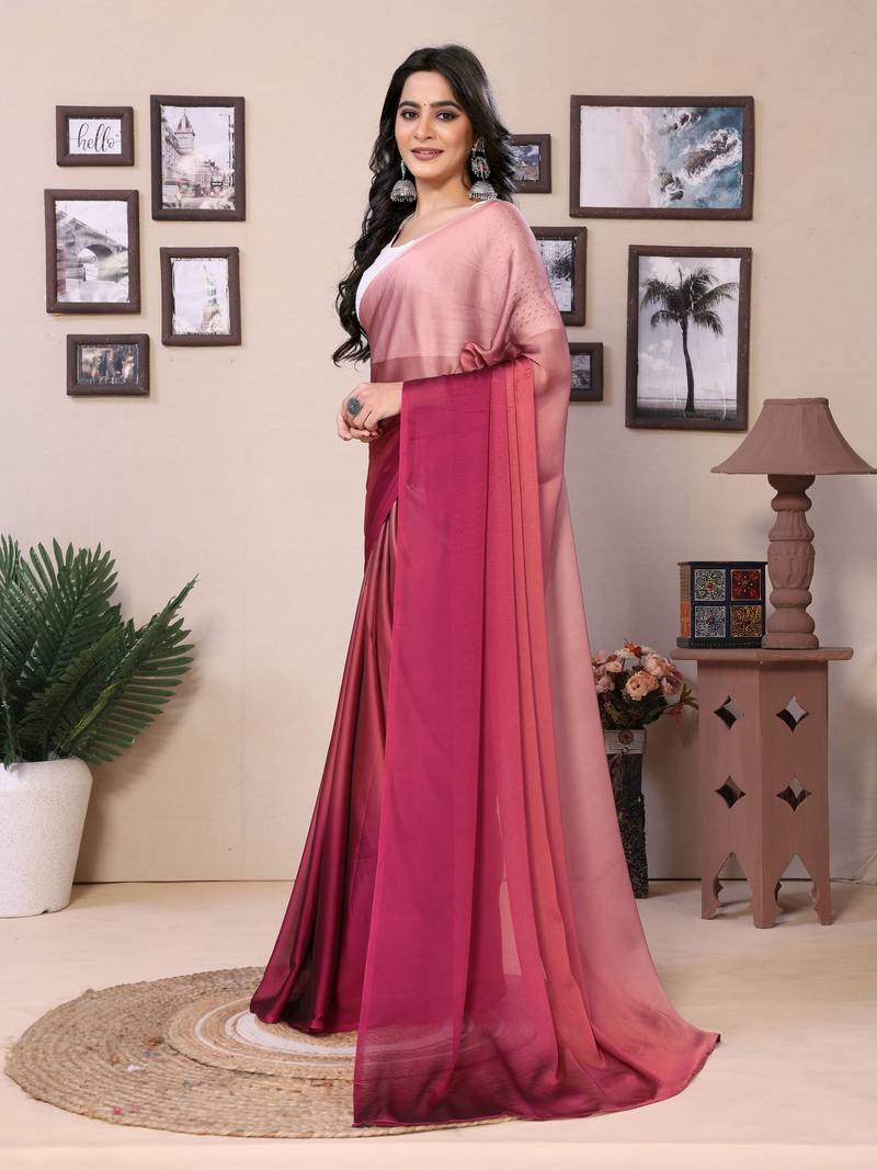 Ready To Wear Rani Pink Fancy Satin Silk blend Saree With Contrast Blouse