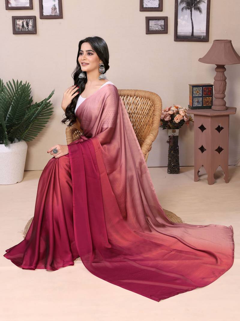 Ready To Wear Rani Pink Fancy Satin Silk blend Saree With Contrast Blouse