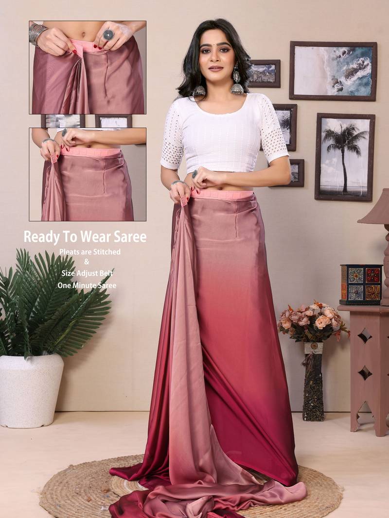 Ready To Wear Rani Pink Fancy Satin Silk blend Saree With Contrast Blouse