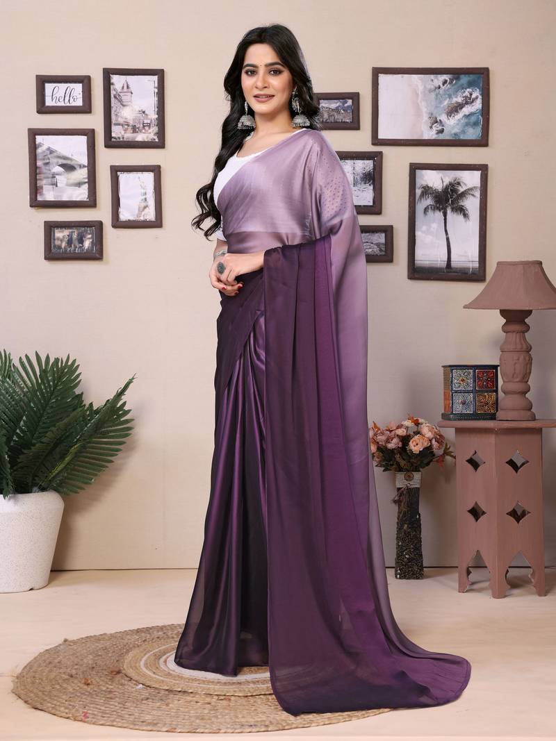 Ready To Wear Violet Fancy Satin Silk blend Saree With Contrast Blouse