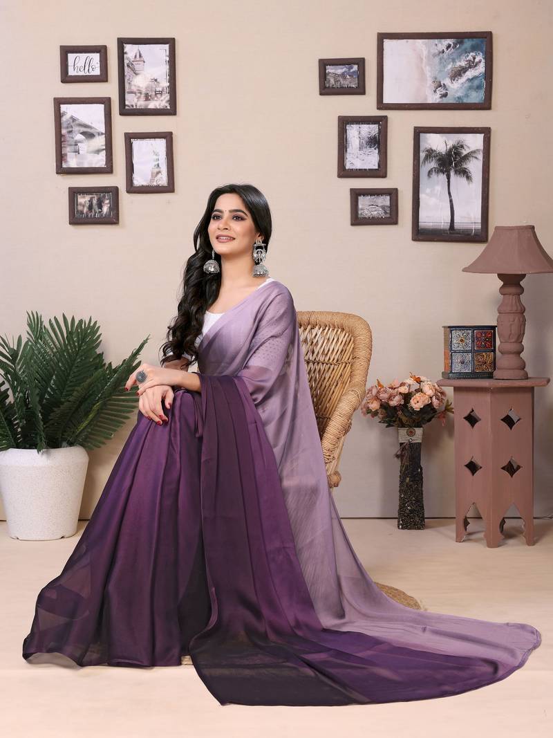 Ready To Wear Violet Fancy Satin Silk blend Saree With Contrast Blouse