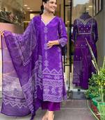 French Crepe work Straight cut Kurta, Pant and Dupatta Set