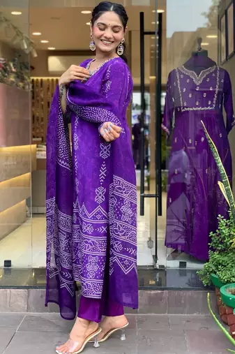 French Crepe work Straight cut Kurta Pant and Dupatta Set