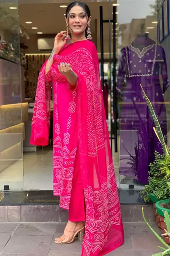 French Crepe work Straight cut Kurta Pant and Dupatta Set