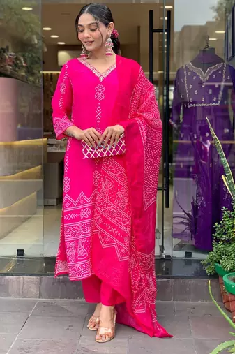 French Crepe work Straight cut Kurta Pant and Dupatta Set