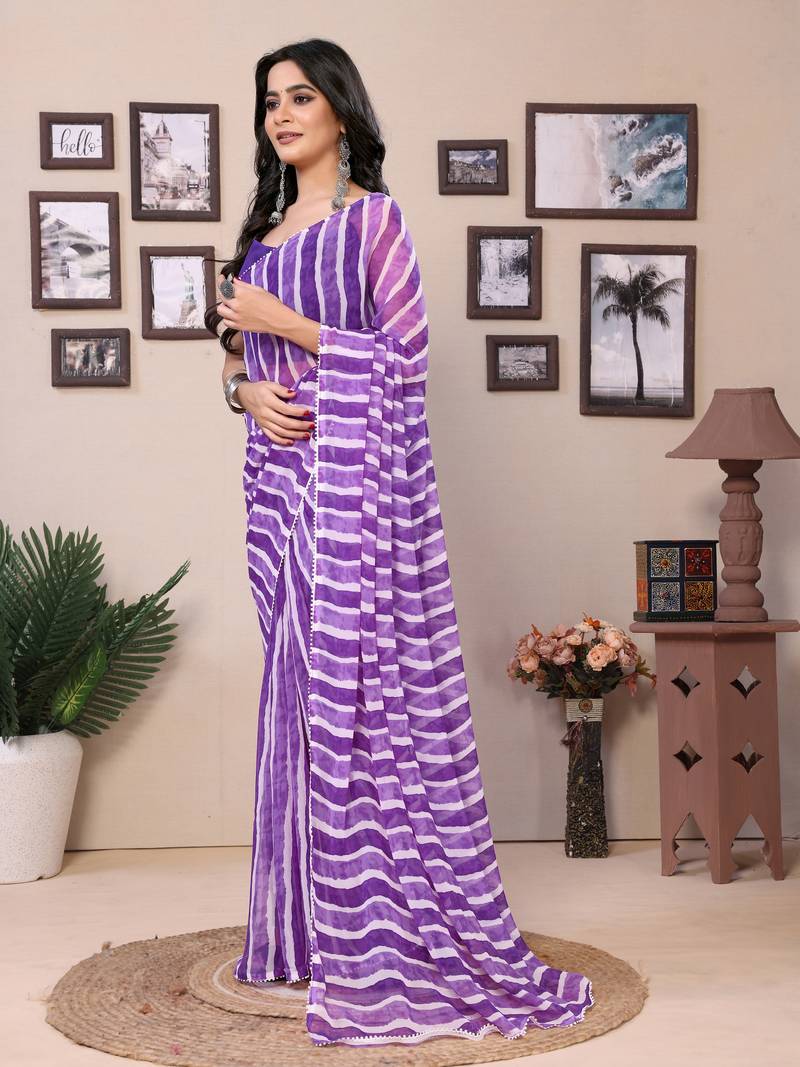 Ready To Wear Violet Fancy Georgette Saree With All Over Printed Saree With Blouse