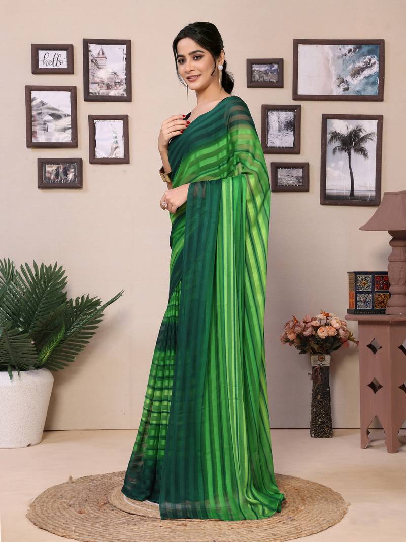 Ready To Wear Green Fancy Georgette Satin Patta Saree With Blouse